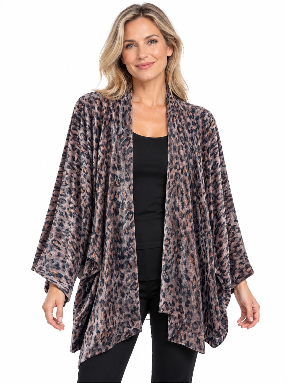 Open-Front Leopard Print Draped Poncho - Taupe/Black